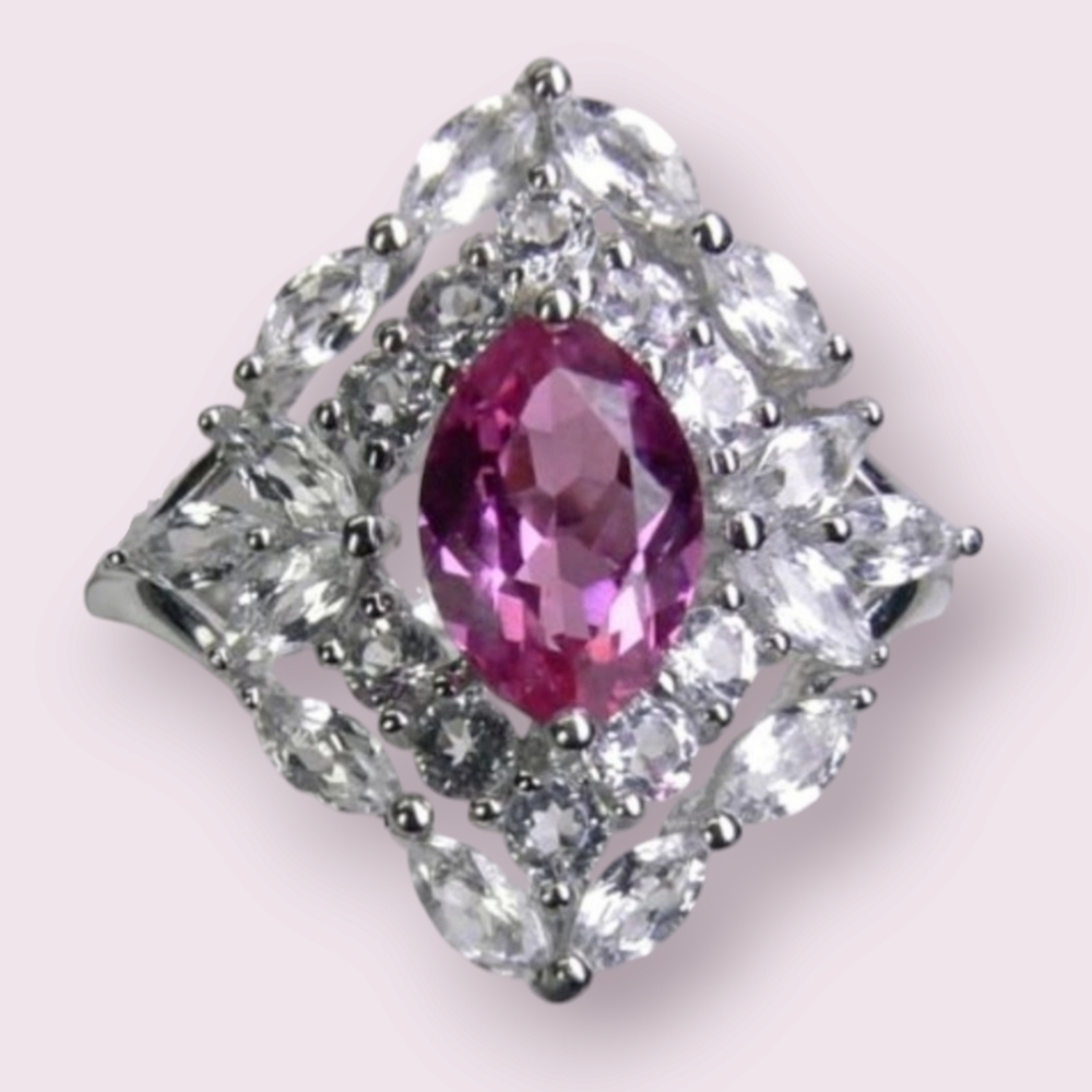 3.20CT Pink Sapphire & White Topaz SILVER Ring 7